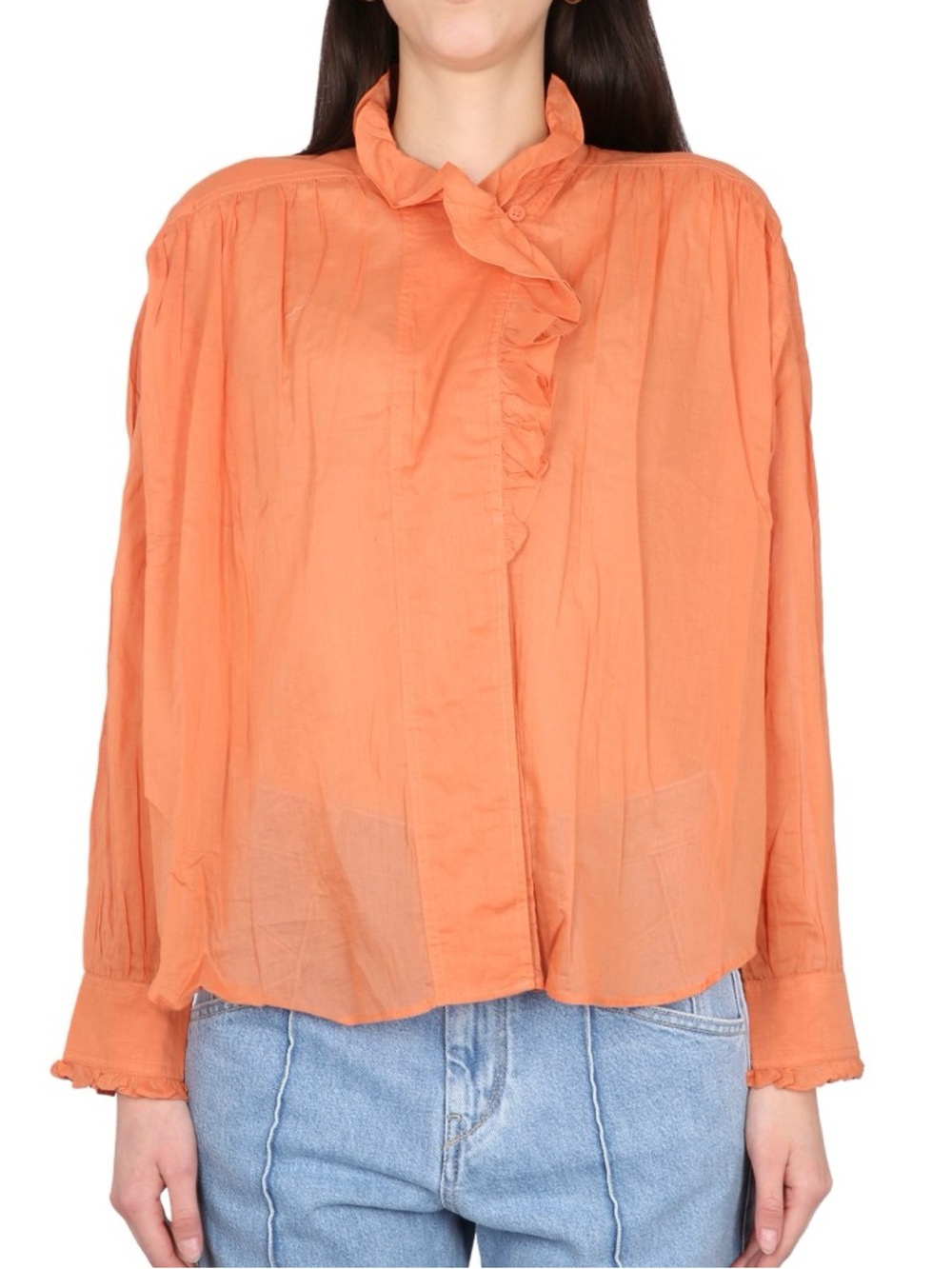 Isabel Marant Etoile Pamias Ruffled V-Neck Blouse Orange Boho Oversized US Sz 10